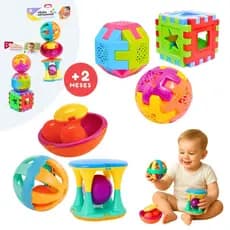 Kit 6 Brinquedos Educativo Sensorial Didático Infantil Cubo Forma Geométricas Bola Chocalho Colorido