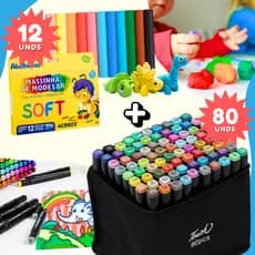 Kit Escolar 24/60/80 Canetinhas Coloridas + 12 Massinhas de Modelar Marcador Pintura Volta As Aulas