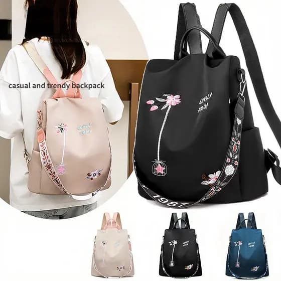 Mochila Feminina Nylon Bolsa De Ombro À Prova D'Água Anti-Roubo Bolsa Bordado Design
