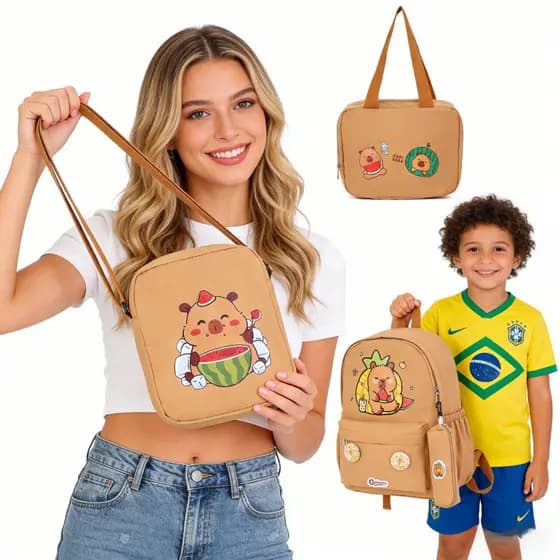 Kit 4 Escolar Infantil Bolsa Lancheira Estojo Estampas Mochila Menina e Menino Capivara