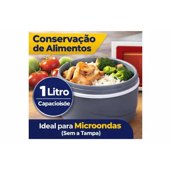 Marmita Térmica Cinza 1 Litro com Tampa Rosca – Compacta e Resistente