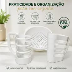 Kit Utensílios Cozinha Branco Porta Óleo Porta Leite Escorredor
