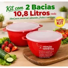 Kit 2 Bacias Multiuso 10,8L Vermelhas com Tampa Transparente
