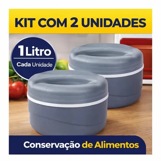 Marmita 1L Cinza Kit com 2 Peças Tampa Rosca – Ideal para Trabalho