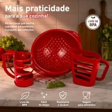 Kit Cozinha Vermelho 3 Peças Escorredor de Massa Porta Óleo Porta Saco de Leite