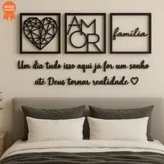Kit 3 Quadros Decorativos Família + Coração Geométrico + Frase Amor Parede Sala Quarto MDF