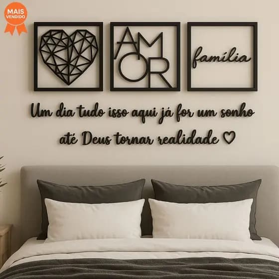 Kit Quadros MDF Frases + Coração Geométrico Decoração Minimalista Sala