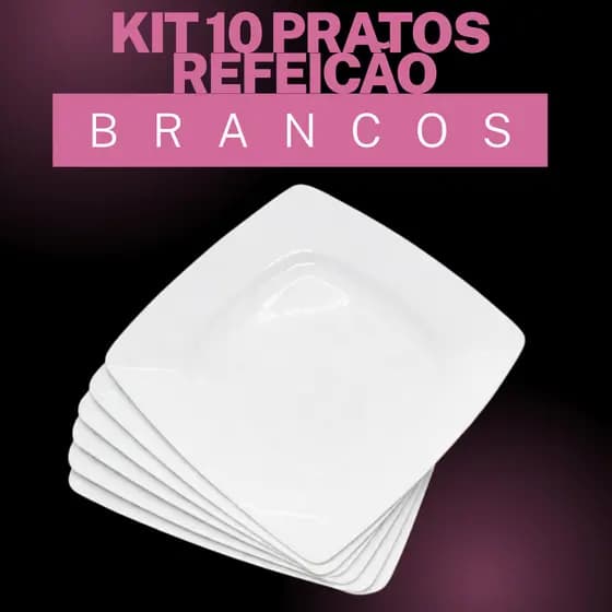Kit 10 Pratos Quadrado Plástico branco resistentes churrascos refeições festas aniversários