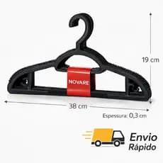 Kit 100 Cabide Reforçado Novare Antiderrapante Preto Ideal para Closet e Guarda-Roupa