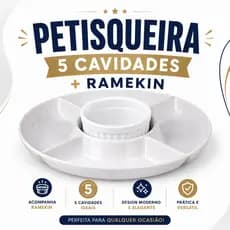 Petisqueira Redonda 5 Cavidades + Ramekin Molho Porta Petiscos Frios Aperitivos, Queijos e Churrasco