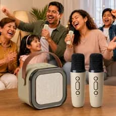 Karaokê Portátil Bluetooth com Duplo Microfone Sem Fio Caixa de Som LED