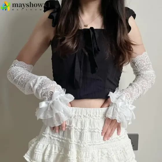 MAYSHOWX1 Manga Feminina , Luvas De Pulso De Noiva Com Laço De Renda Y2K Longas De Proteção Solar Vazadas Doces