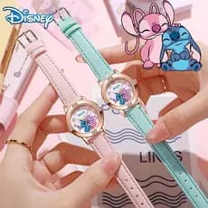 Anime Disney Stitch Relógio Infantil Dos Desenhos Animados Ponto Pulseira De Couro Kawaii Boneca Estudante De Quartzo Cr