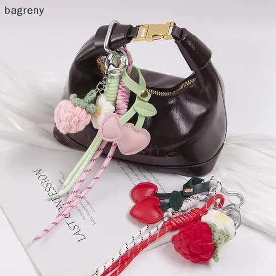 [bagreny] 1 Peça PU Cereja Malha Morango Fruta Pingente Tecelagem Corda Chaveiro Presentes Saco Charme Decoração BR