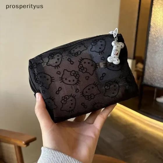 [prosperityus] Linda Hello Kitty Malha Preta Bolsa De Cosméticos De Grande Capacidade Portátil Feminino KT Batom Armazen