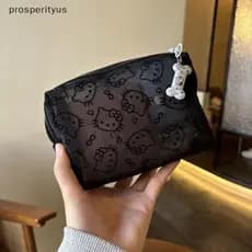 [prosperityus] Linda Hello Kitty Malha Preta Bolsa De Cosméticos De Grande Capacidade Portátil Feminino KT Batom Armazen
