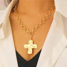 Chunky Statement Gold Hammered Bold Cross Colar Corrente Grossa Vintage Pingente Joias
