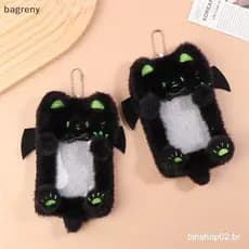 [bagreny] Porta-Cartões De Pelúcia De Gato Preto Fofo De Desenho Animado Estojo Para Cartão Fotográfico Bolsa Chaveiro P