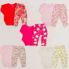 Kit body e mijão 10 Peças Bebê – 5 Bodys Lisos + 5 Mijões Estampados 100% Algodão RN a 9M .