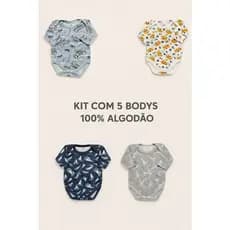 Kit 5 Body Infantil Estampado Algodão Manga Longa Roupas Bebê RN a 9M .