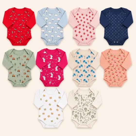 Kit 5 Body Canelado Bebê Manga Longa 100% Algodão Estampado