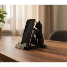Suporte Apoio para Celular em Formato de Gato de Mesa Decorativo para Smartphone Branco Preto