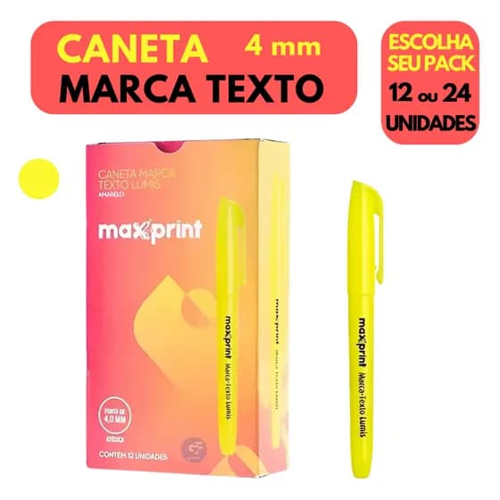 Caneta Marca Texto Maxprint Lumis Amarelo Kit Econômico 12 e 24 Unidades Uso Escolar Escritório