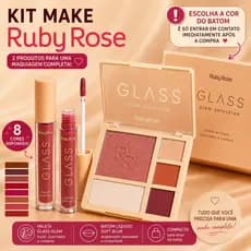 Kit Maquiagem Completa Ruby Rose Paleta Glass Glam + Batom Soft Blur Blush Iluminador Sombras Glow