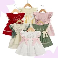 Vestido Feminino Infantil Com Amarração Lateral Vestido Kids com Babadinhos em Mangas Bordado Floral