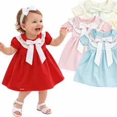 Vestido Infantil Bebê Manga Com Bico Laço Frontal Grande e Gola Bordada Delicado Vestido Para Bebes