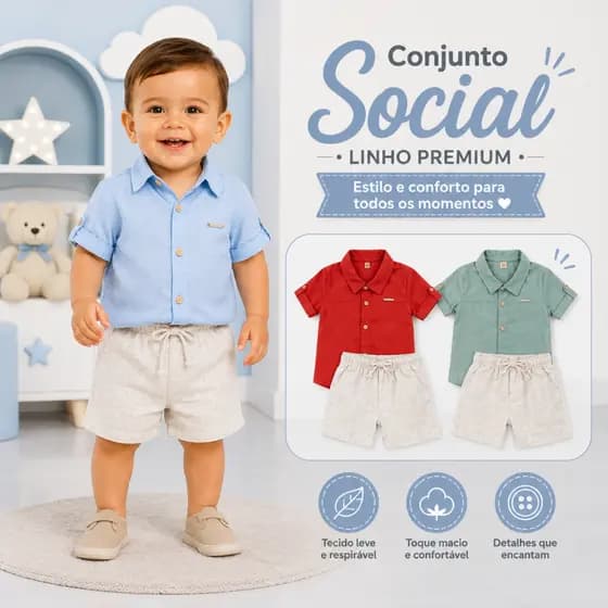 Conjunto infantil masculino short linho+camisa de botões para meninos estilosos Conjunto Social Baby Kids Em Linho