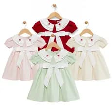 vestido infantil para meninas bordado quatro golas com laço de amarrar