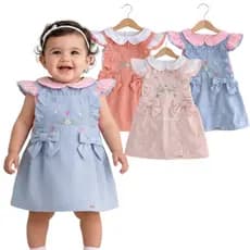 Conjunto Jardineira Tipo Saia Bordada + Blusa Infantil Feminino Delicada Confortável Conjunto Kids