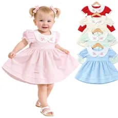 Vestido Infantil Bebê com Gola Peter Pan Bordada e Manga Com Bico Vestidinho Para Meninas Moda Baby