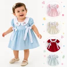 Vestido Infantil Gola Bordada Vestido de Bebê Menina Delicado com Laços Laterais