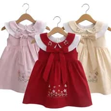 Vestido Infantil Feminino com Bordado em Gola Floral e Laço Vestido Para Bebes Blogueirinha