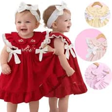 Vestido Infantil Gola Bordada e Ajuste Lateral Vestido de Bebê Menina Delicado com Laços Laterais