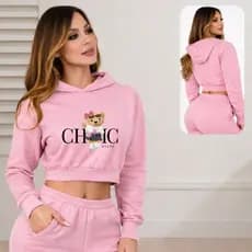 Blusa Feminina Cropped Moletom com Capuz Inverno Ursinha Chic