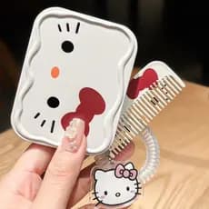 Espelho de Maquiagem Dobrável Hello Kitty com Laço Fofo e Pente de Maquiagem Portátil