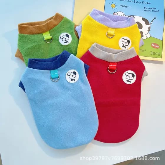 Colete para Cães, Fleece para Animais de Estimação, Estilo Outono Inverno, Roupas para Gatos com Bloco de Cores e Guia