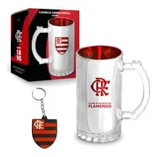 Kit Flamengo Presente Caneca Vidro Metalizado 480ml + Chaveiro Mengão Garrafa 600ml