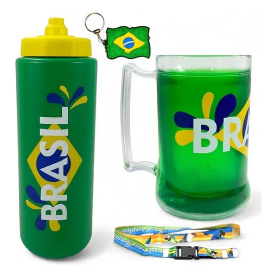 Kit Futebol Caneca Gel Garrafa Squeeze 800ml Cordão Brasil