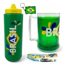 Kit Futebol Caneca Gel Garrafa Squeeze 800ml Cordão Brasil