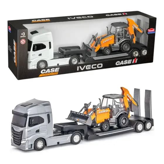 Caminhão Iveco Plataforma com Retroescavadeira Case Brinquedo Infantil Presente Criança
