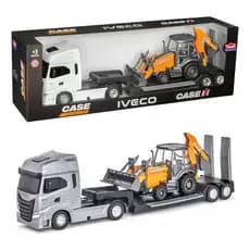 Caminhão Iveco Plataforma com Retroescavadeira Case Brinquedo Infantil Presente Criança