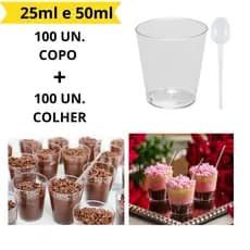 kit 100 unidades mini copos 25ml e 50ml para brigadeiro + colherzinhas
