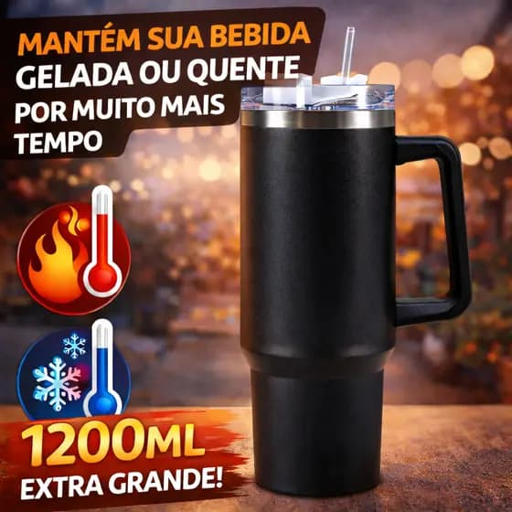 Caneca Térmica Inox 1200ml Copo Térmico com Alça e Canudo Mantém Bebida Gelada - Preta