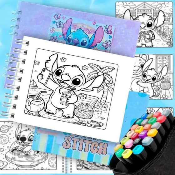 Livro de Colorir Stitch com 24 Canetinhas Ponta Dupla Kit Infantil
