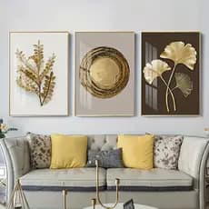 Kit 3 Quadros Ginkgo Biloba Folhas Douradas MDF Autocolante Decoração Luxo Abstrato Gold