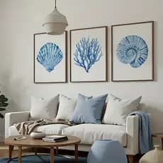 Kit 3 Quadros Mar Concha Coral Azul MDF Autocolante Decoração Litoral Praia